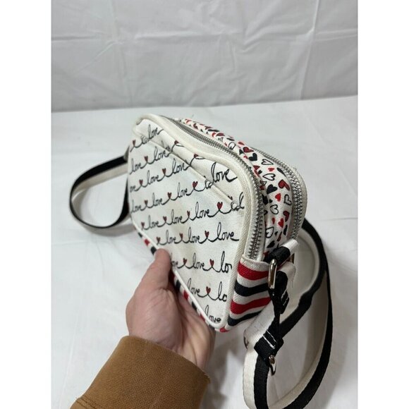 Brighton Love Scroll Cross Body Bag Canvas White Black Red Hearts - Picture 4 of 11